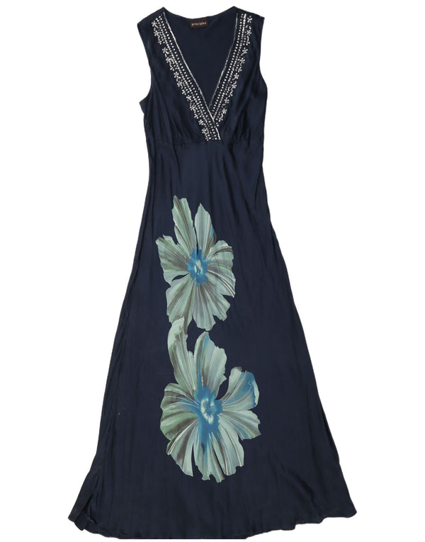 Principper Kvinders ærmeløs Maxikjole UK 14 Large Navy Blue Floral Silke