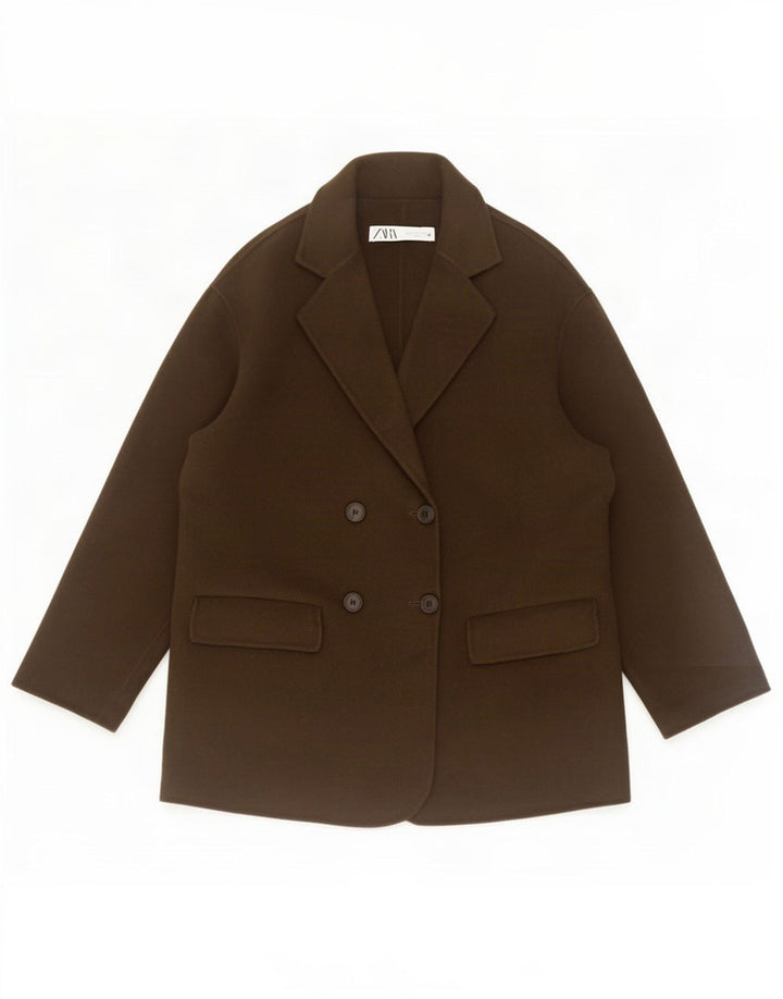 Zara Dame Oversized Double Breasted Blazer Jacket UK 10 Small Khaki Wool