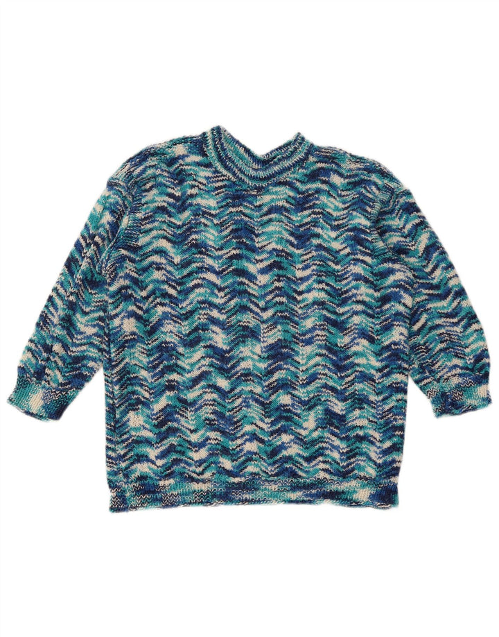 Vintage dame sweater med rund hals DK 14 Medium Blue Geometric