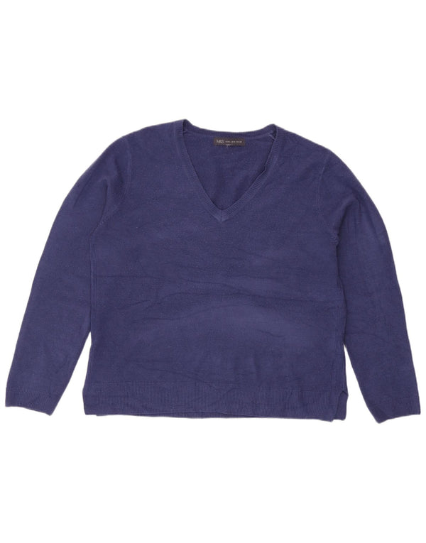 Marks & Spencer Dame V-hals sweater UK 14 Stor Blå Akryl