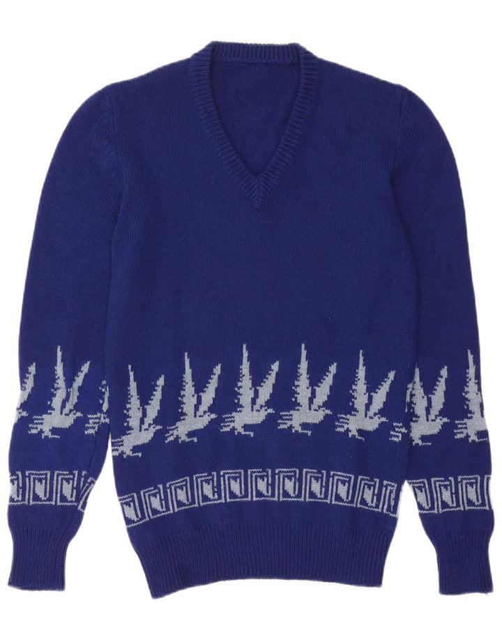 Vintage Herre V-hals sweater Small Blue Fair Isle