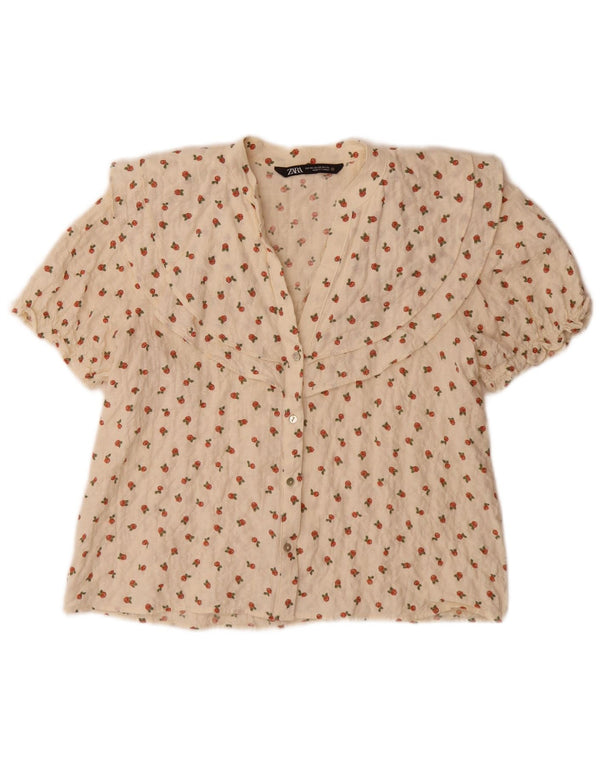 Zara kortærmet skjortebluse til kvinder UK 6 XS Hvid blomster