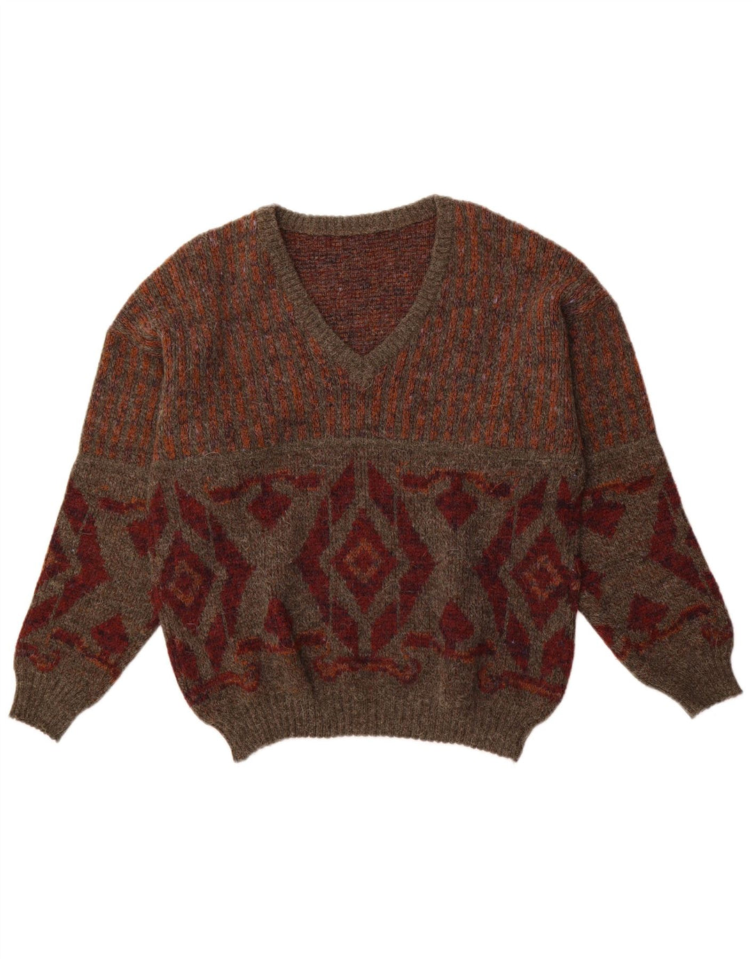 VINTAGE Herre V-hals sweater IT 48 Medium Brown Argyle/Diamond