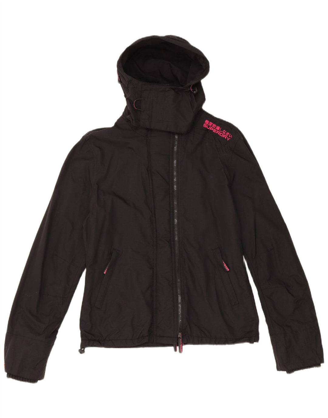 Superdry vindjakkejakke med hætte til kvinder UK 14 Medium Sort Nylon