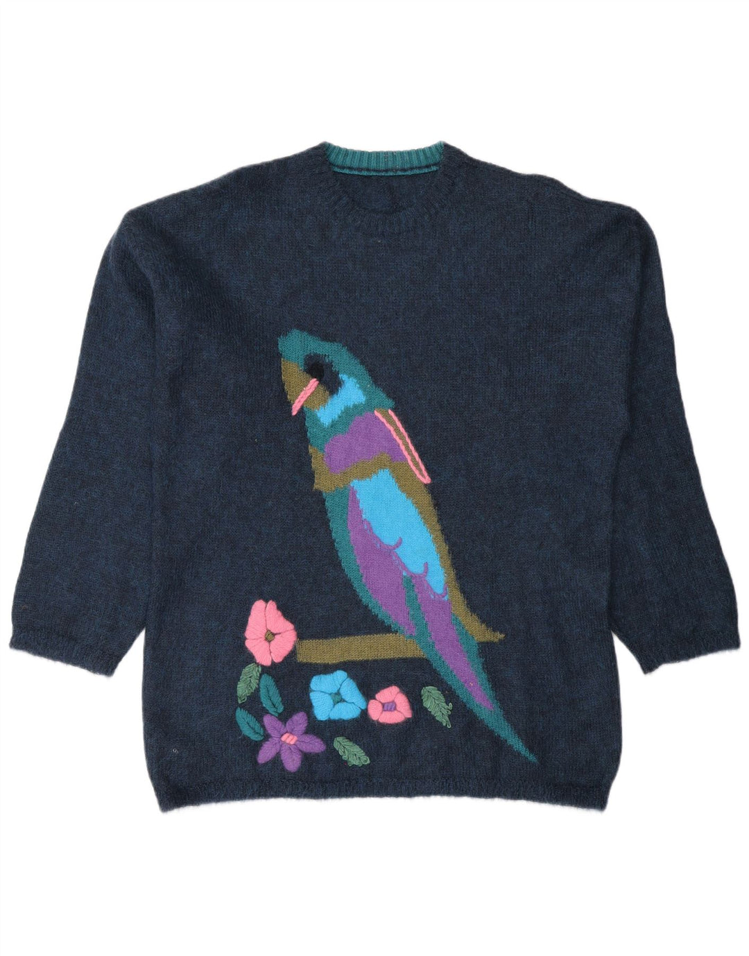 Vintage kvinders grafisk rund hals sweater UK 14 Medium Navy Blue