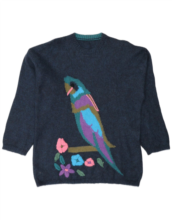 Vintage kvinders grafisk rund hals sweater UK 14 Medium Navy Blue