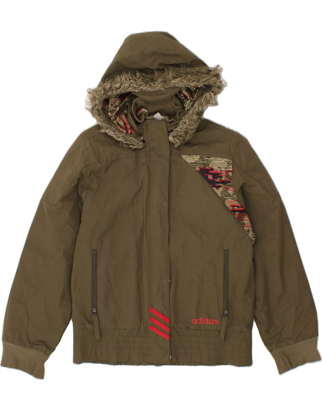 ADIDAS Girls Hooded Windbreaker Jacket 13-14 Years Khaki Polyester Vintage Adidas and Second-Hand Adidas from Messina Hembry 