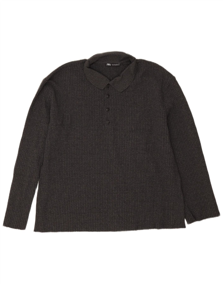 Zara Herre Polo Neck Jumper Sweater Stor Grå Polyester