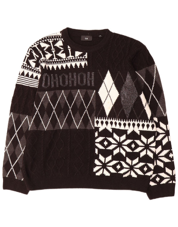 C & A Mens Crew Neck Jumper Sweater 2XL Black Patchwork Acrylic