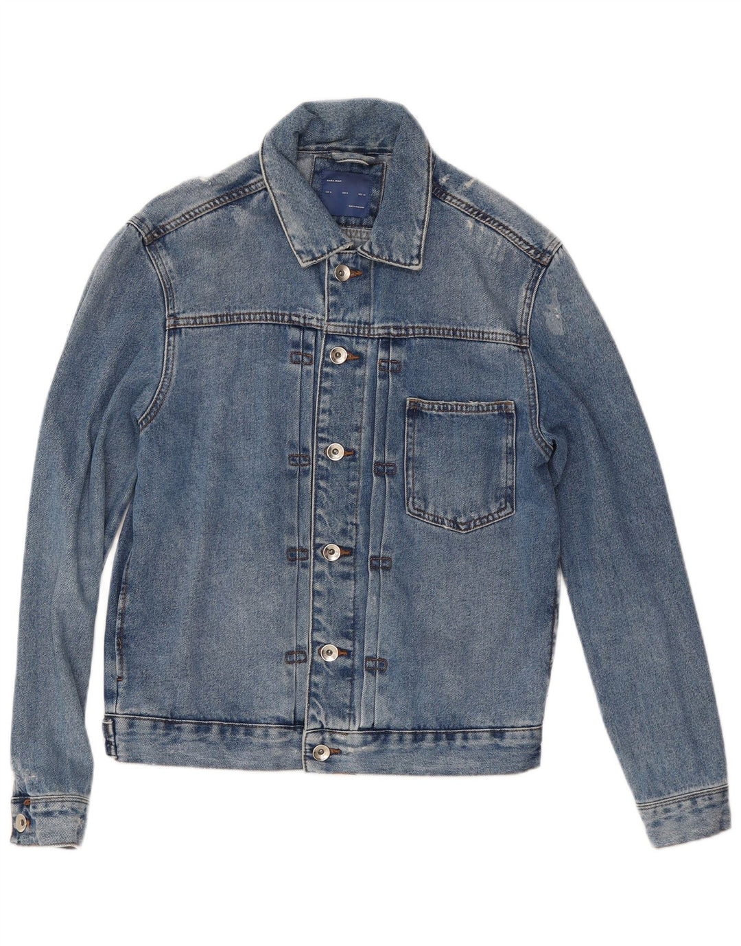 Zara Herre Distressed Denim Jacket UK 38 Medium Blue Cotton
