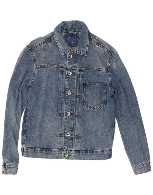 Zara Herre Distressed Denim Jacket UK 38 Medium Blue Cotton