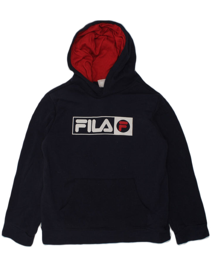 FILA Boys Graphic Hoodie Jumper 10-11 Years Medium  Navy Blue Polyester | Vintage Fila | Thrift | Second-Hand Fila | Used Clothing | Messina Hembry 