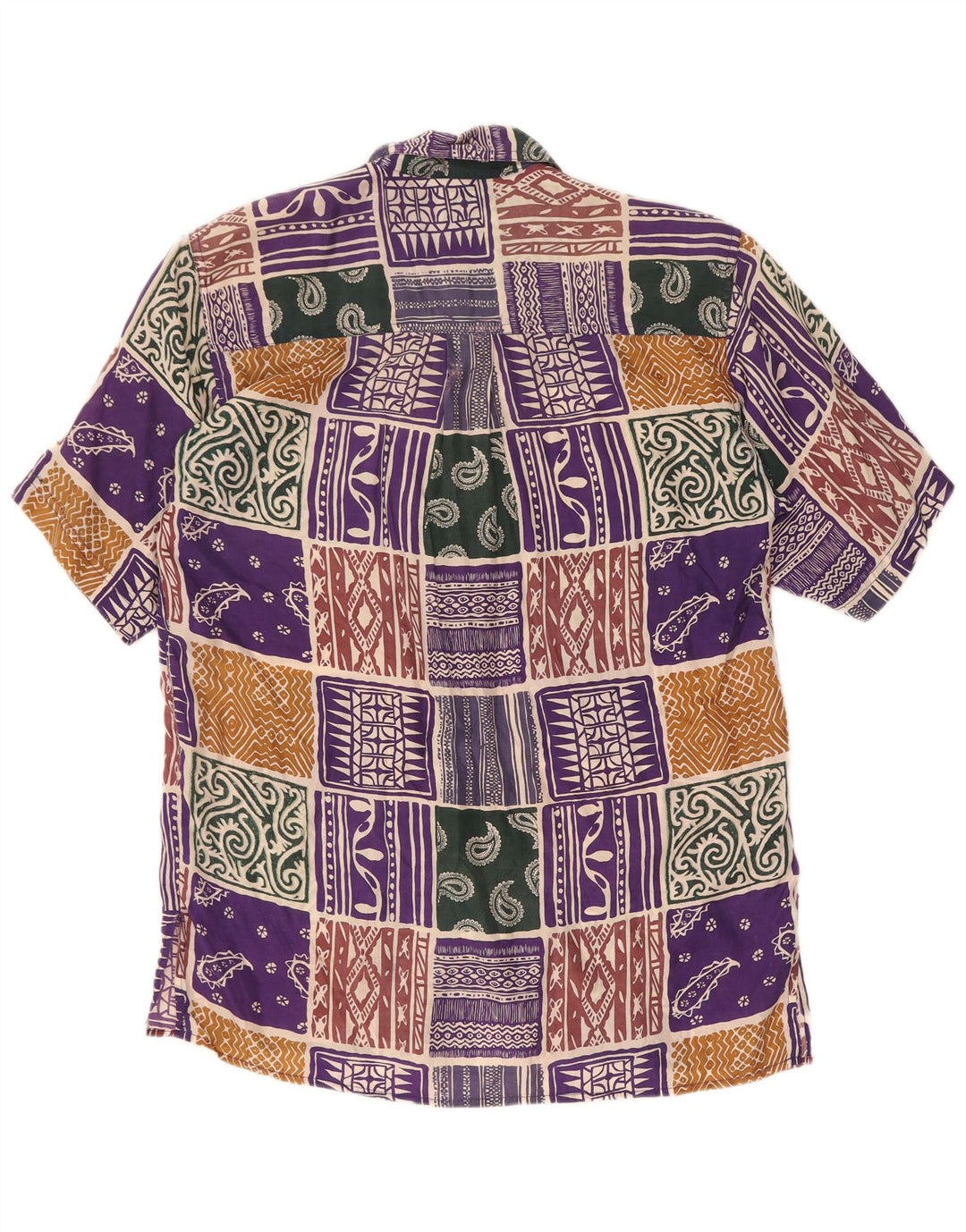 Vintage kortærmet skjorte til kvinder UK 14 Stor flerfarvet patchwork silke