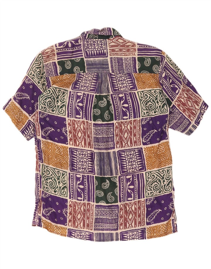 Vintage kortærmet skjorte til kvinder UK 14 Stor flerfarvet patchwork silke