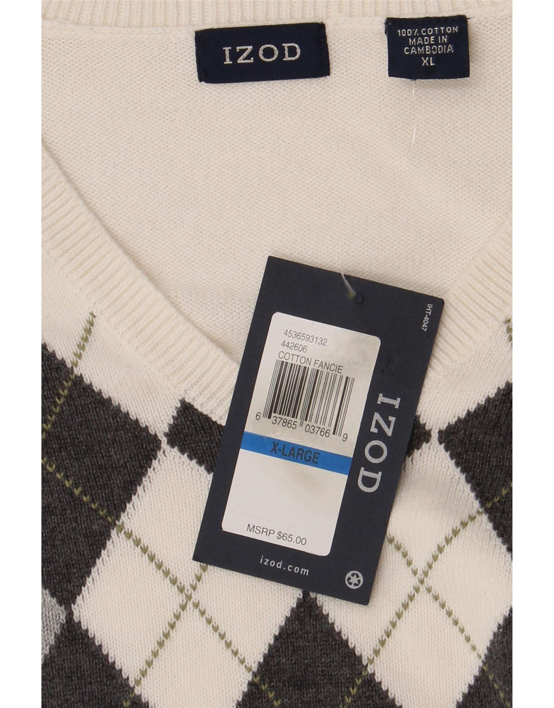 Izod Herre V-hals sweater XL Hvid Argyle/Diamant Bomuld