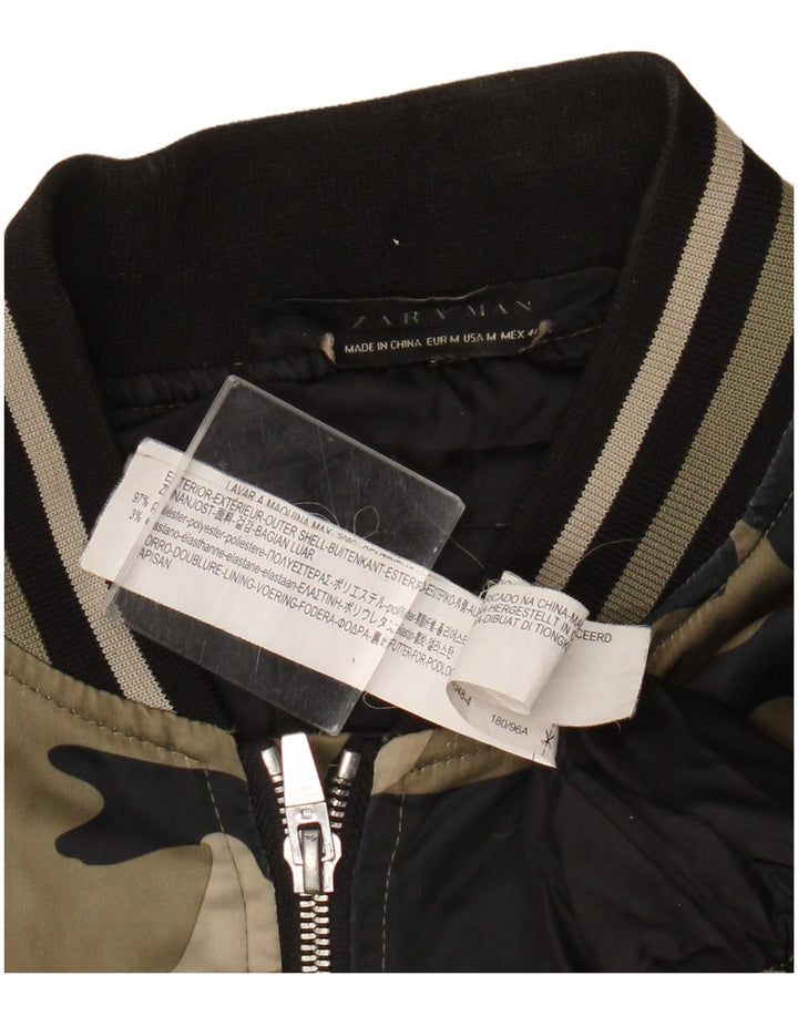 Zara Herre Graphic Bomber Jacket UK 38 Medium Khaki Camouflage Polyester