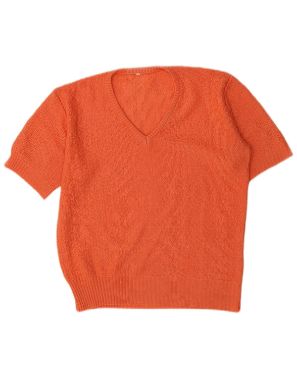 Vintage Dame Kortærmet V-hals Jumper Sweater UK 14 Medium Orange