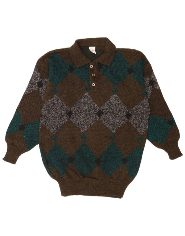 Vintage Herre Polo Neck Jumper Sweater Medium Brun Argyle/Diamond Classic