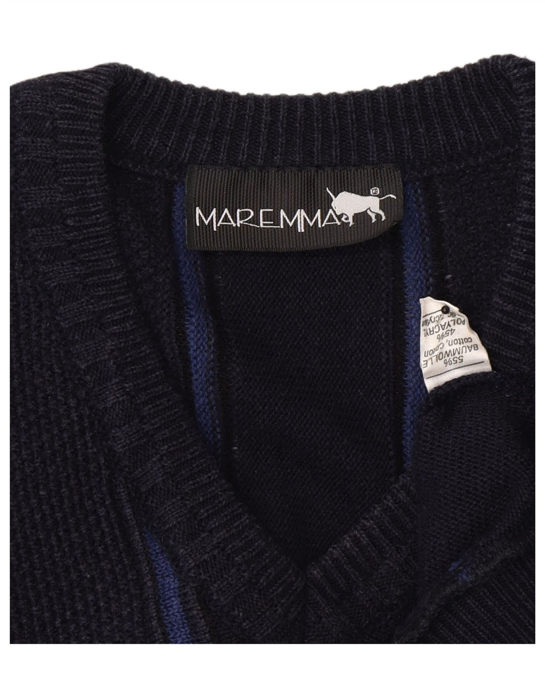 MAREMMA  Mens V-Neck Jumper Sweater IT 52 Large Navy Blue Striped Vintage Maremma and Second-Hand Maremma from Messina Hembry 
