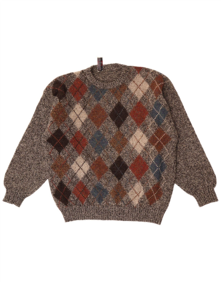 Donny & Max Herre Crew Neck trøje Sweater Large Grey Argyle/Diamond Wool