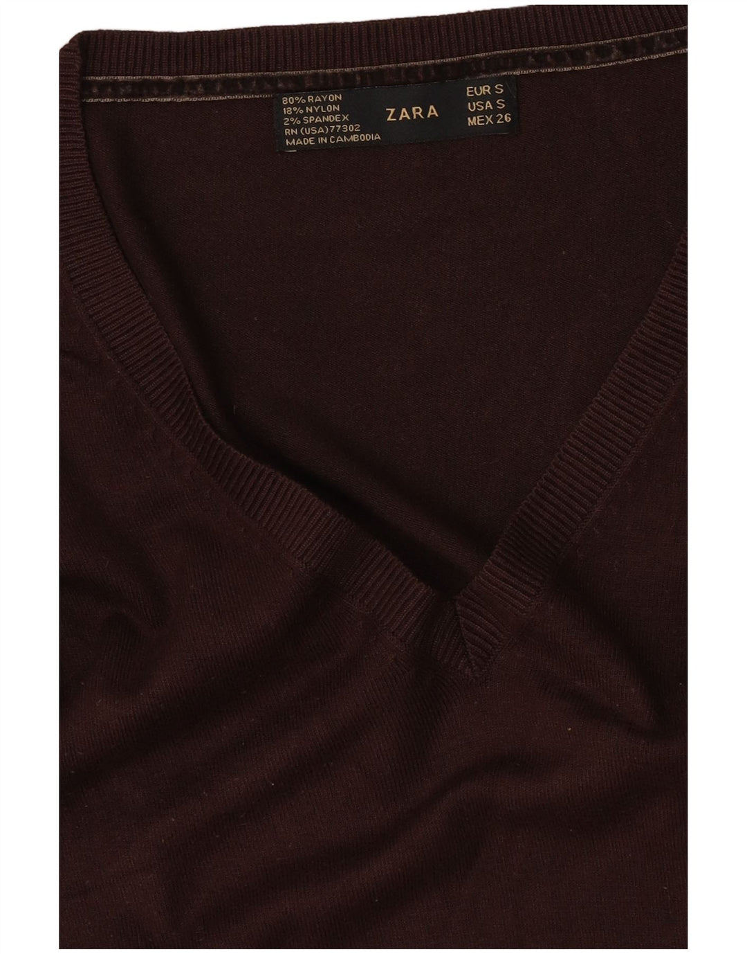 Zara Dame V-hals sweater UK 10 Small Brown Rayon