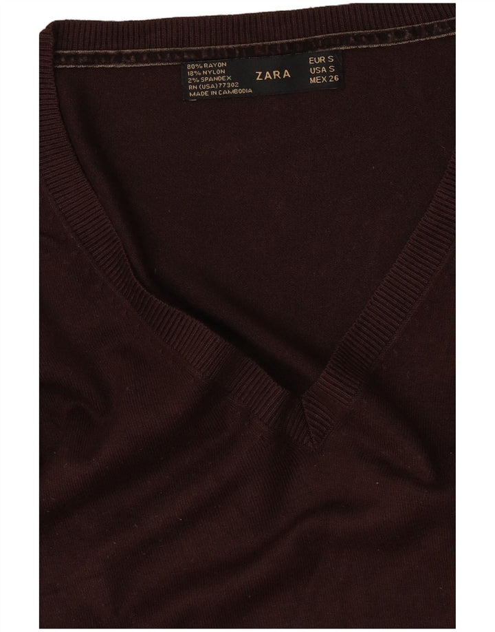 Zara Dame V-hals sweater UK 10 Small Brown Rayon