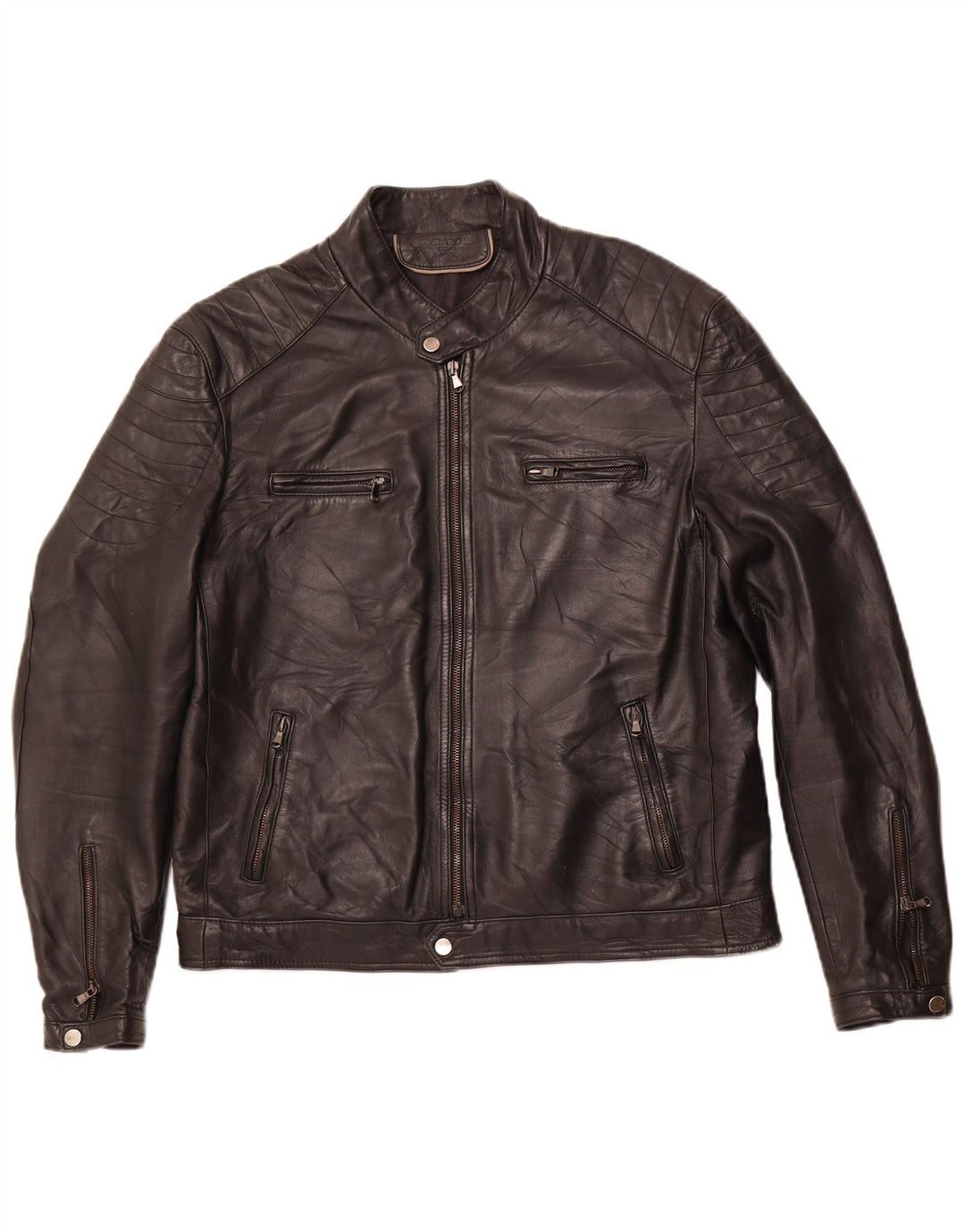 VINTAGE Herre Læder Racer Jakke IT 54 2XL Sort Læder