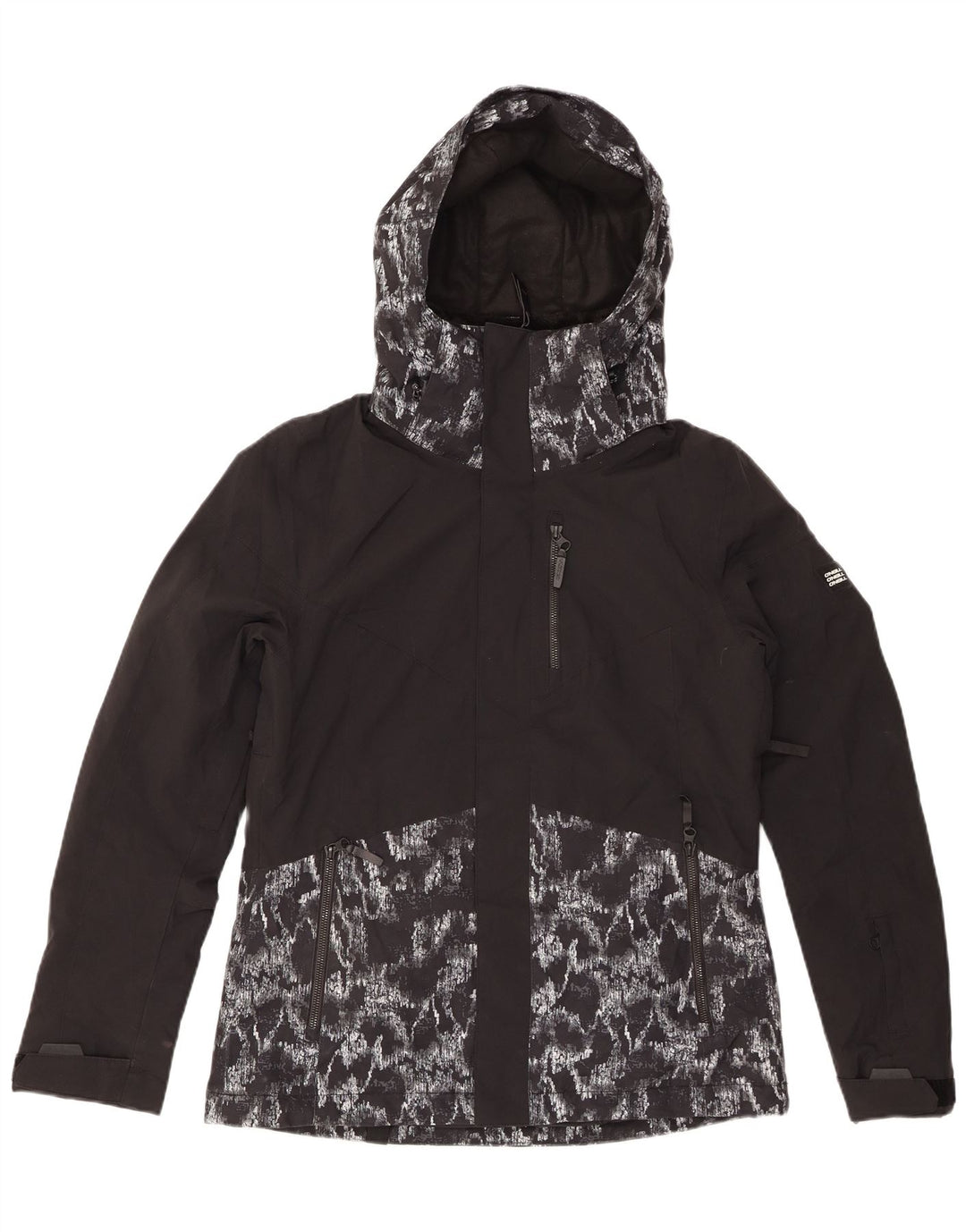 O'NEILL kvinders abstrakt mønster regnjakke med hætte UK 14 Medium Black