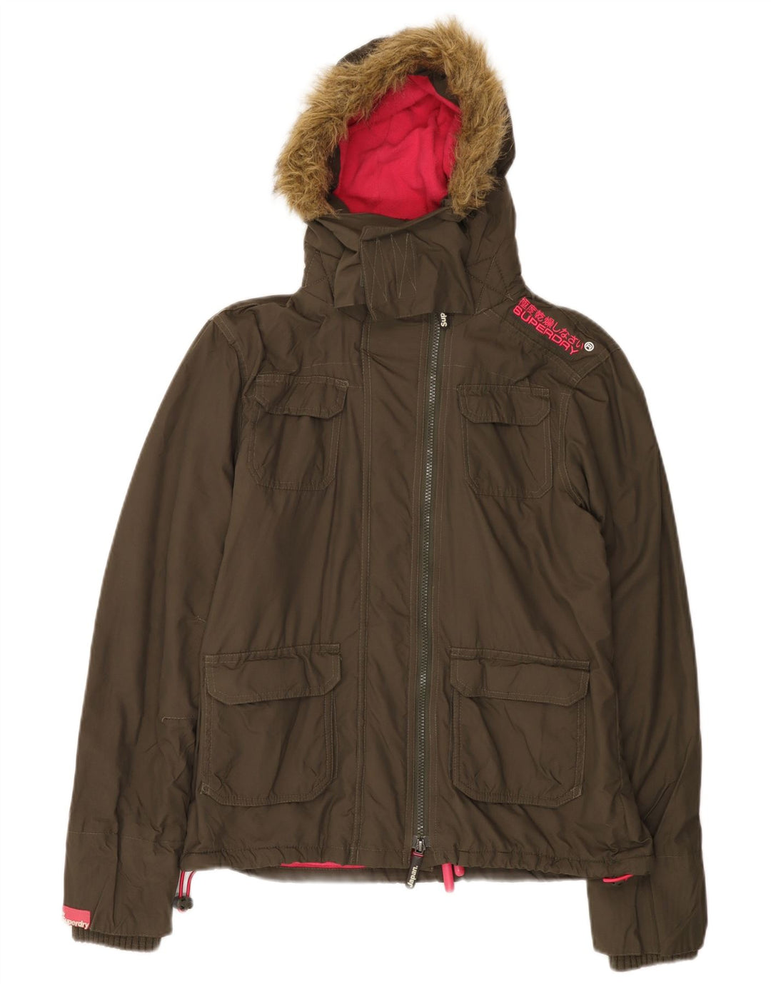 Superdry vindjakke med hætte til kvinder UK 16 Stor Khaki Nylon