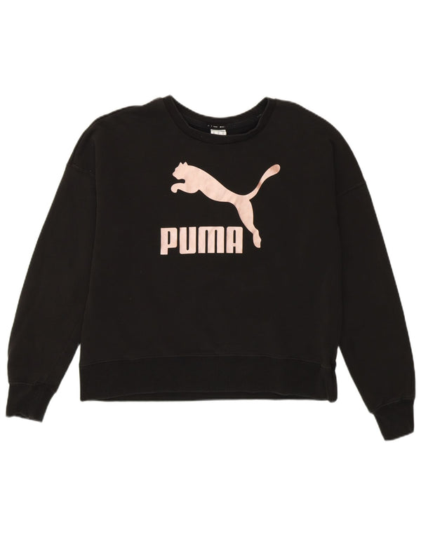 Puma Dame Oversized Crop Graphic Sweatshirt Jumper UK 6 XS Sort Bomuld