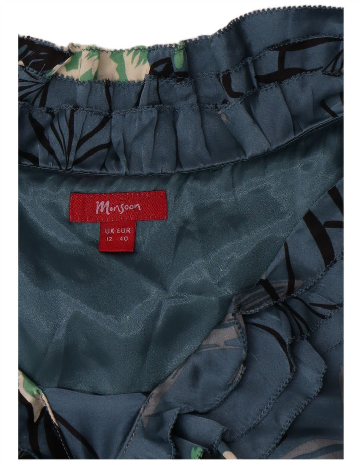 Monsoon Womens Flæse Front A-Line Kjole UK 12 Medium Blue Floral Silke
