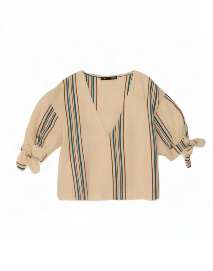 Zara Dame Crop Bluse Top UK 10 Lille hvid stribet bomuld