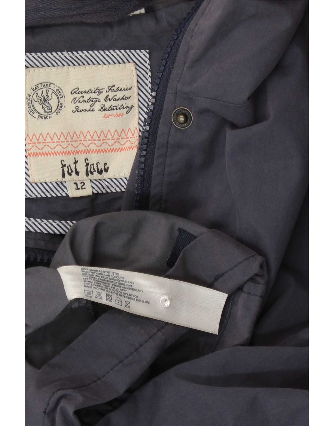 Fat Face Dame Hætte Duffle Jacket UK 12 Medium Navy Blue Bomuld