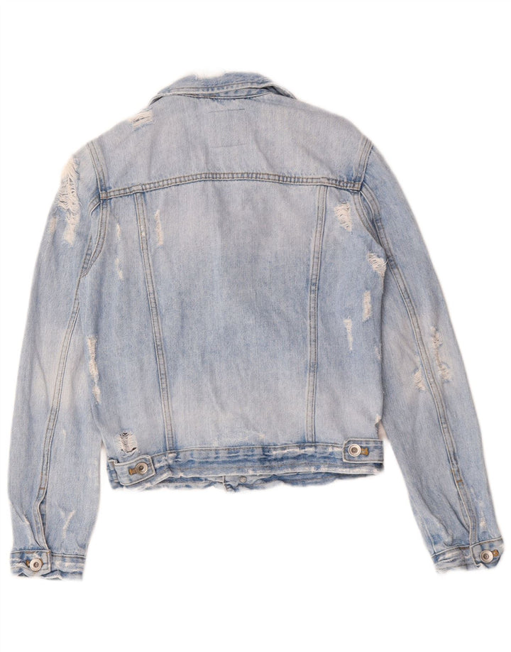 ZARA Dame Distressed Denim Jacket UK 6 XS Blue Cotton