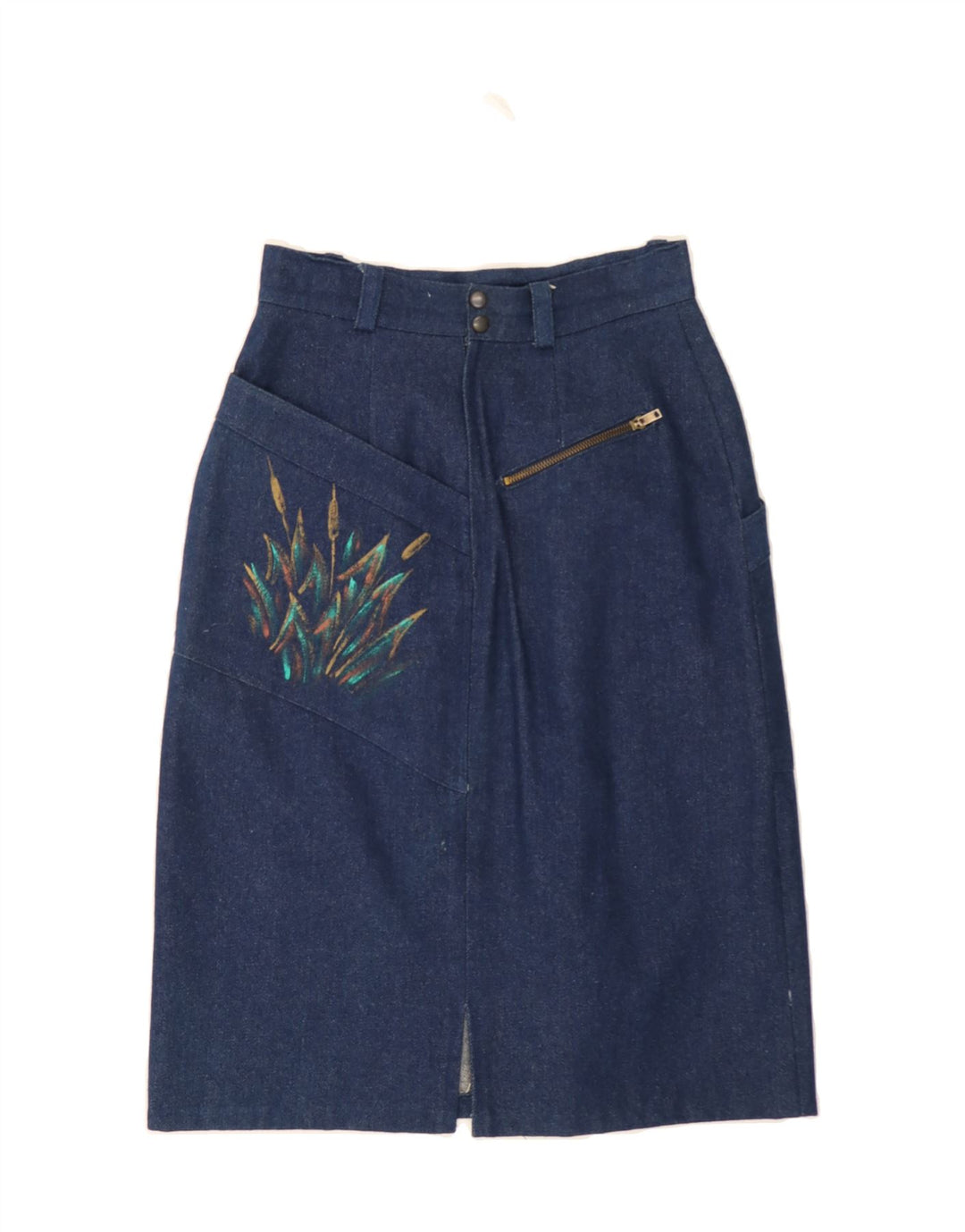 VINTAGE Womens Graphic Denim Skirt W26 Small Navy Blue Vintage Vintage and Second-Hand Vintage from Messina Hembry 