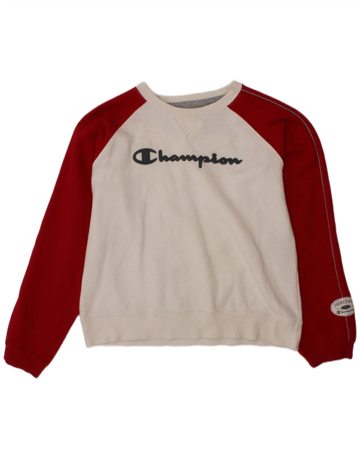 CHAMPION Boys Sweatshirt Jumper 9-10 Years Medium White Colourblock