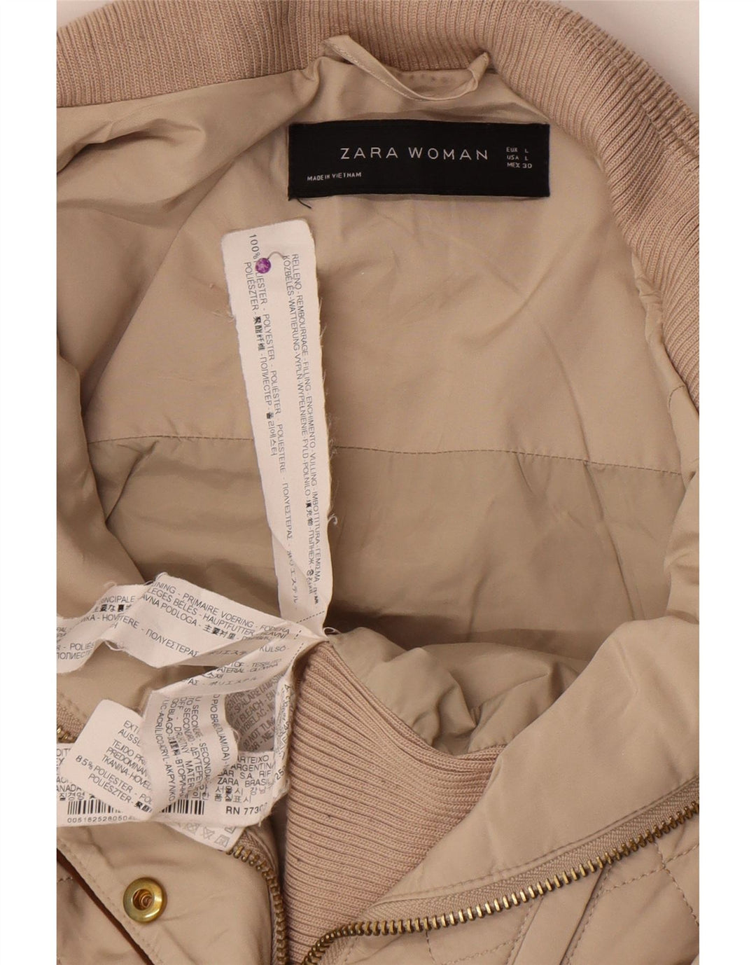 Zara Quiltet jakke til kvinder UK 14 Stor Beige Polyester