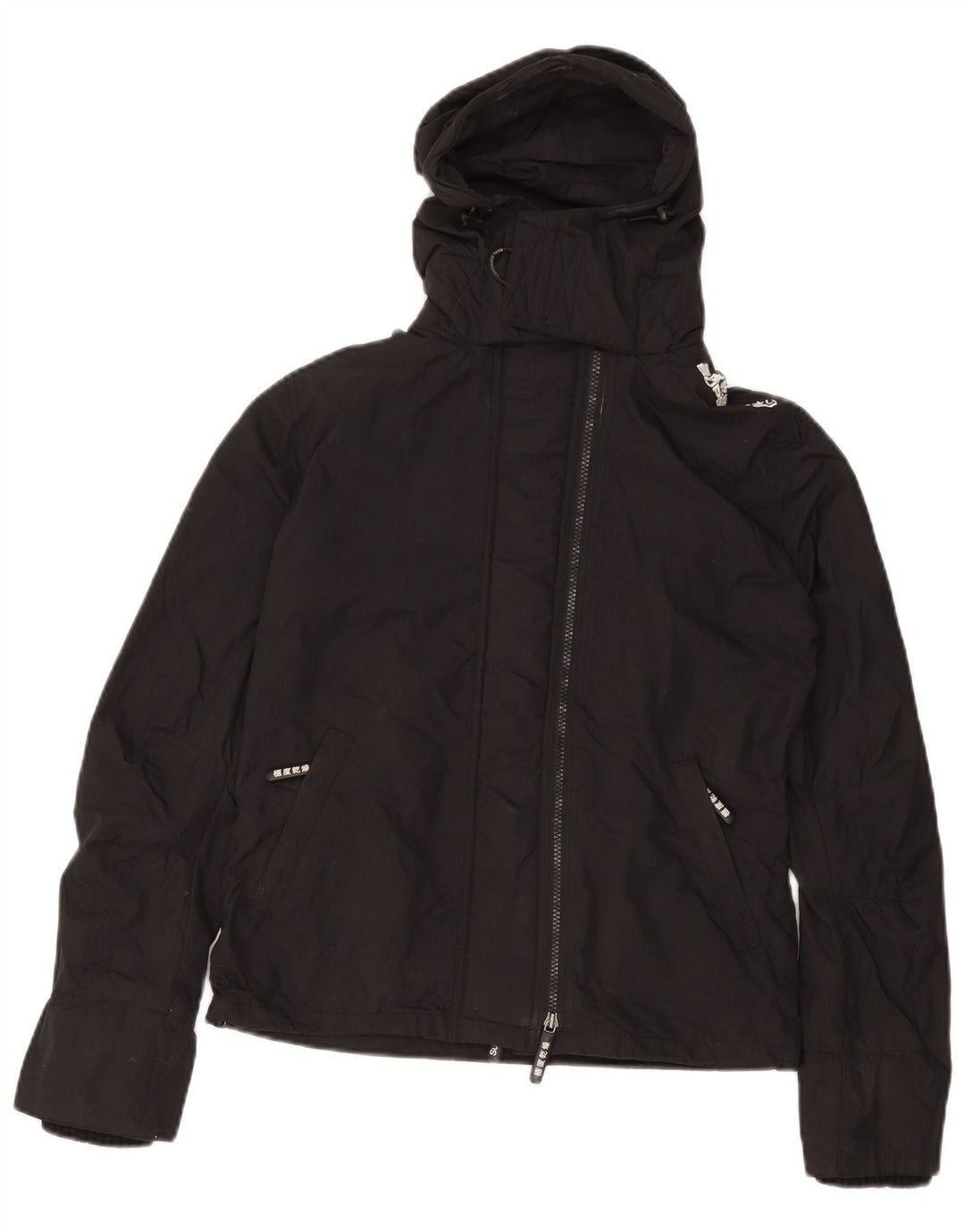 SUPERDRY Grafisk regnjakke med hætte til kvinder UK 14 Medium Sort Nylon
