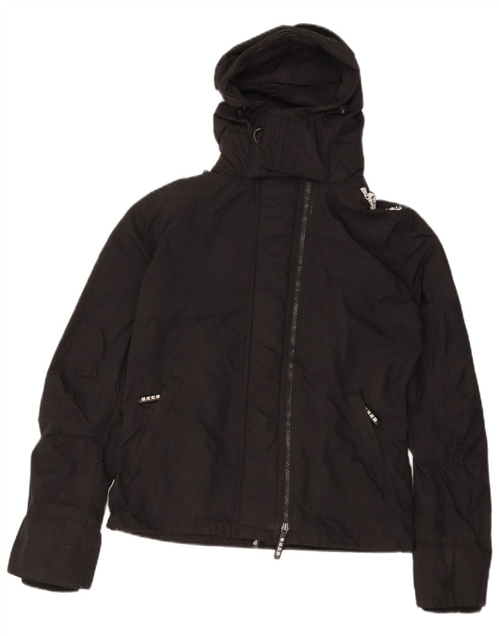 SUPERDRY Grafisk regnjakke med hætte til kvinder UK 14 Medium Sort Nylon