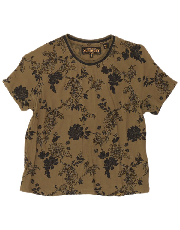 Superdry T-shirt top til kvinder UK 6 XS Khaki Floral Viscose