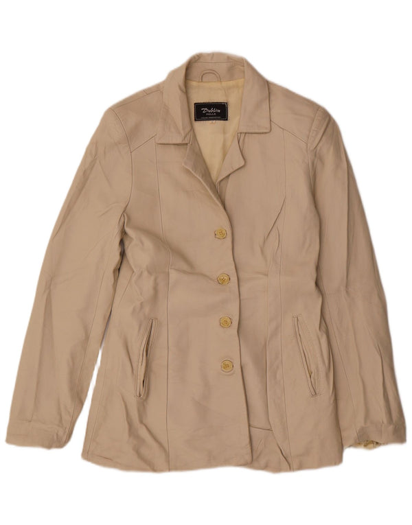 Vintage dame 4-knaps læder blazerjakke UK 10 Lille beige læder
