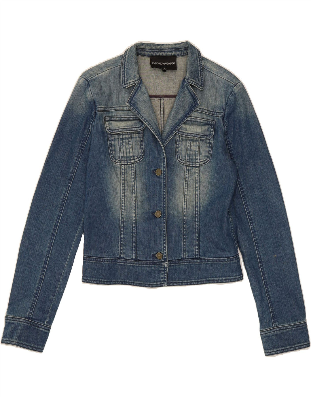 EMPORIO ARMANI Womens Crop Denim Jacket UK 12 Medium Blue Cotton Vintage Emporio Armani and Second-Hand Emporio Armani from Messina Hembry 