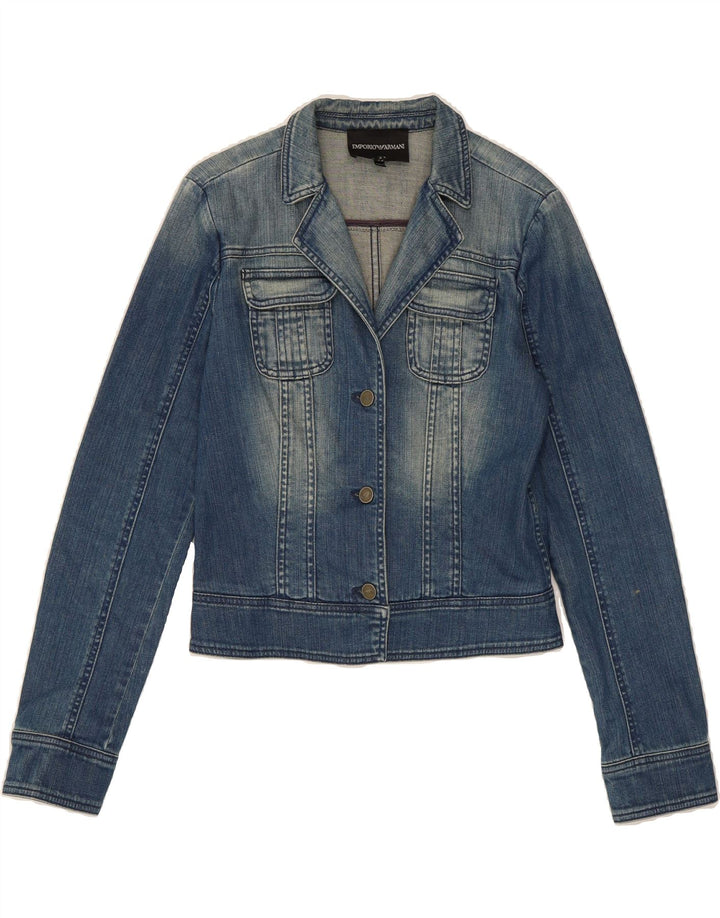 EMPORIO ARMANI Womens Crop Denim Jacket UK 12 Medium Blue Cotton Vintage Emporio Armani and Second-Hand Emporio Armani from Messina Hembry 