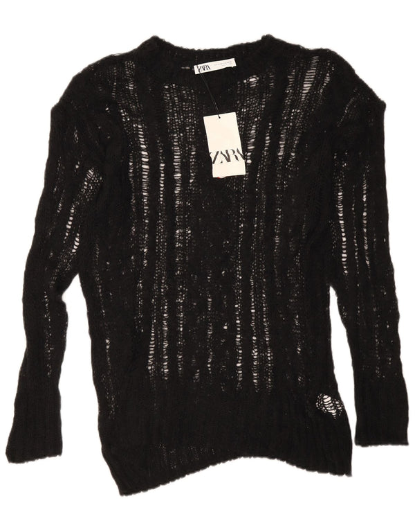 Zara Dame Se Gennem Oversized Crew Neck Jumper Sweater UK 6 XS Sort