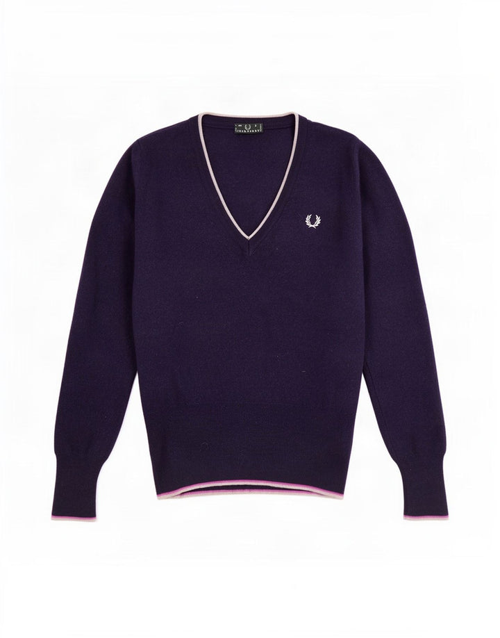 Fred Perry Dame V-hals sweater UK 8 Lille marineblå uld