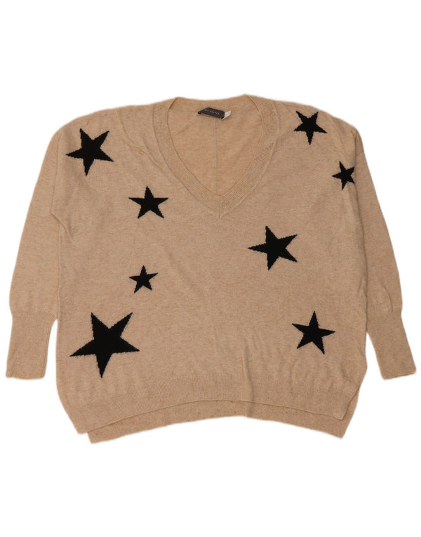 MINT VELVET Dame abstrakt mønster V-hals sweater UK 10 Small Beige