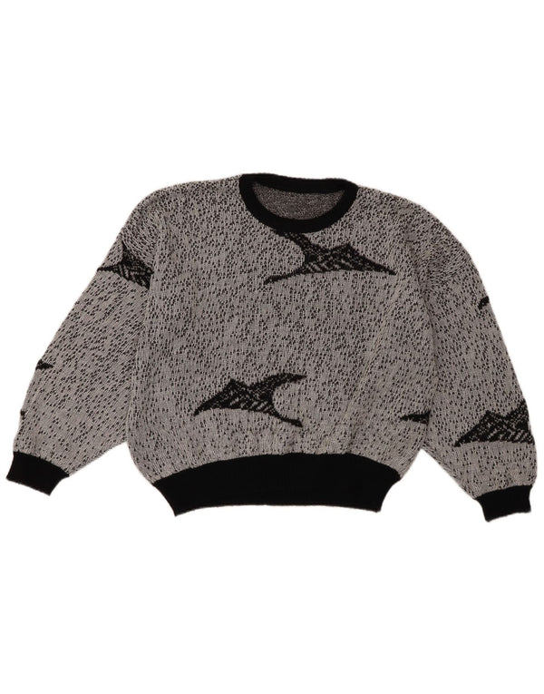 Vintage Womens Crop Abstract Pattern Crew Neck Jumper Sweater UK 18 XL Grey
