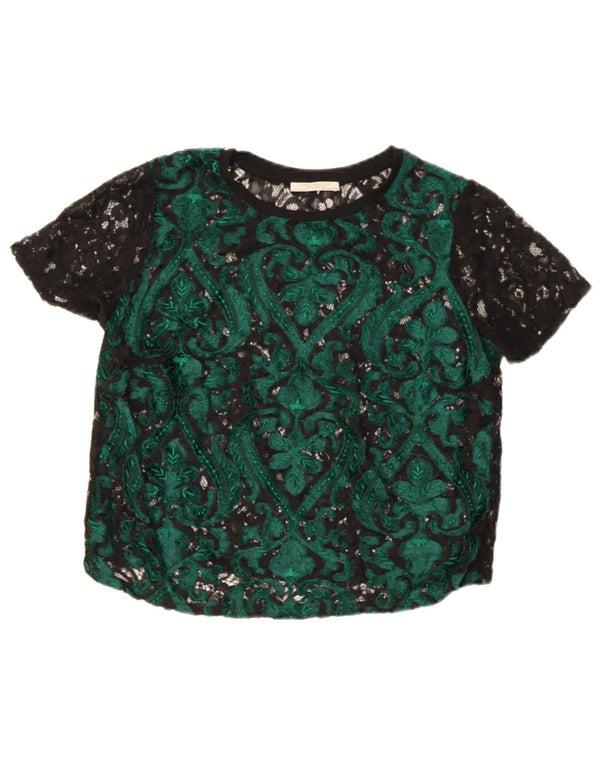 Zara Womens Crop Bluse Top UK 14 Medium Green Paisley