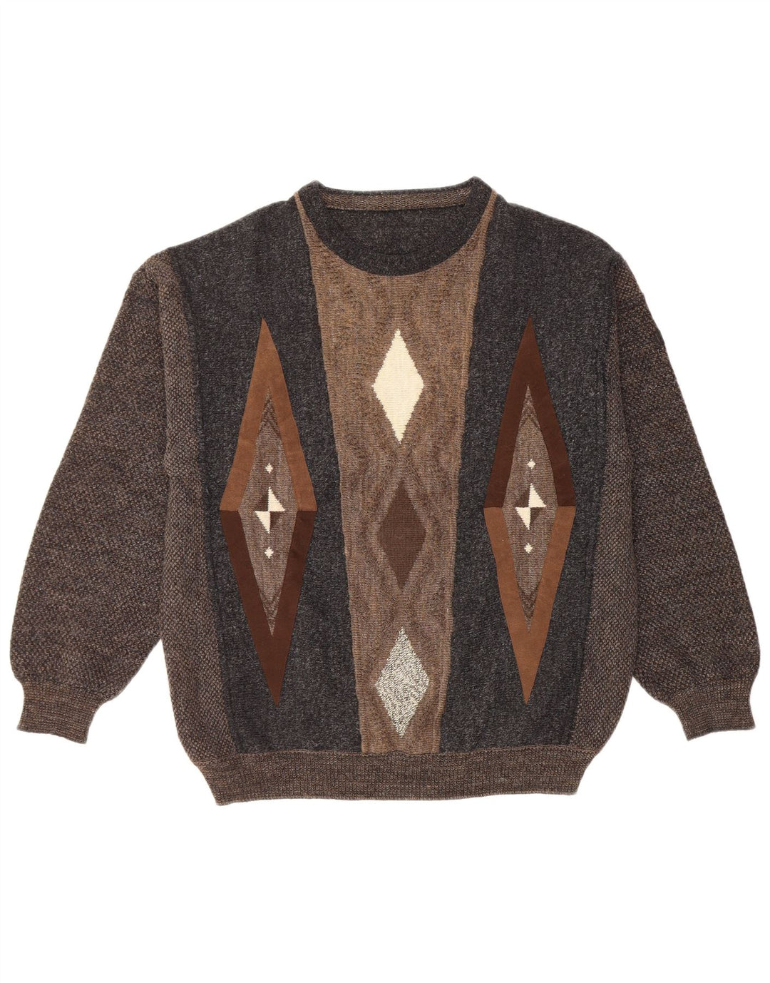VINTAGE Herre rund hals sweater IT 50 Stor brun geometrisk uld