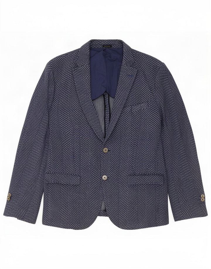 Massimo Dutti Herre 2 Button Blazer Jacket UK 36 Small Navy Blue Herringbone
